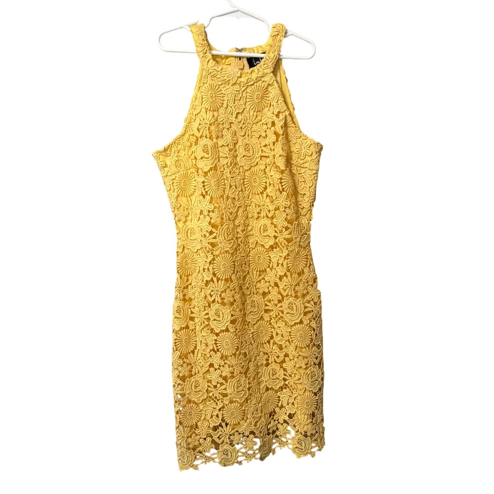 Lulus Womens Yellow Bodycon Floral‎ Crochet Lace Halter Neck Dress Small Boho